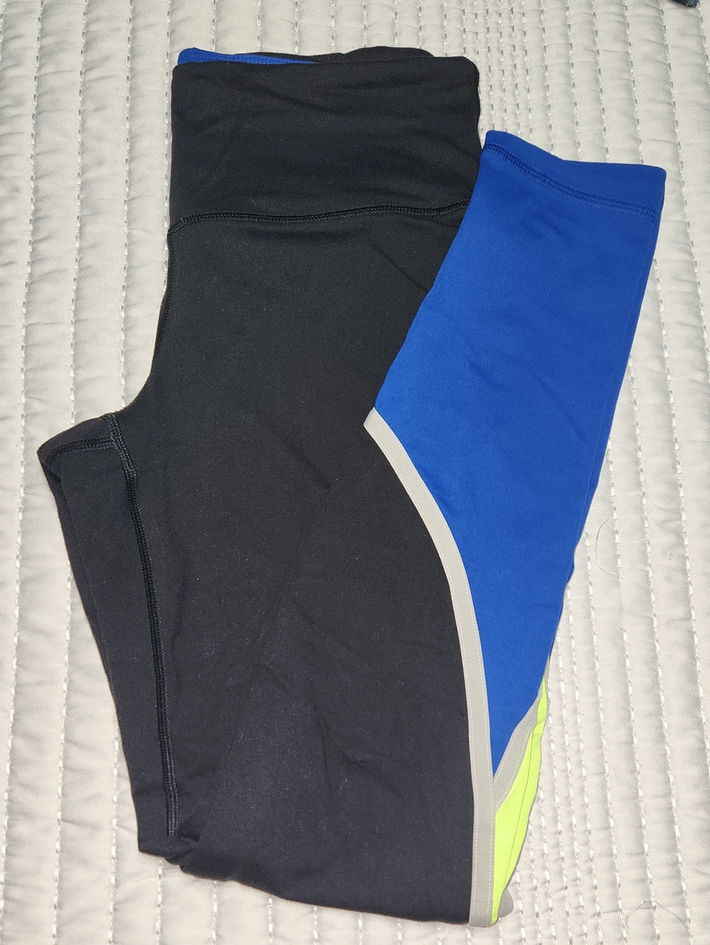 Victoria's Secret Black and Blue Active Leggings with Neon Yellow Accent